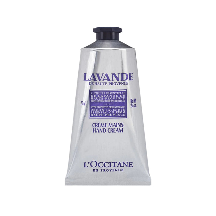 A tube of L'Occitane Lavender Hand Cream against a white background.