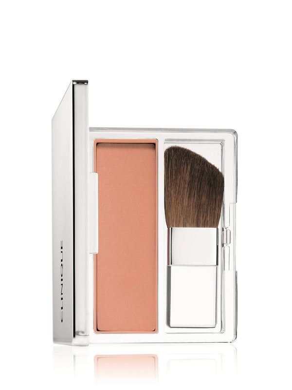Makeup product with blush and brush in a clear case on a white background
