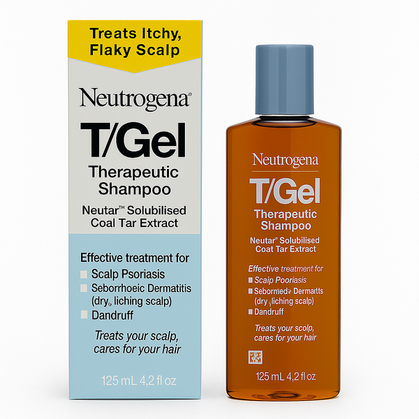 Neutrogena T/Gel Therapeutic Shampoo packaging and bottle on a white background