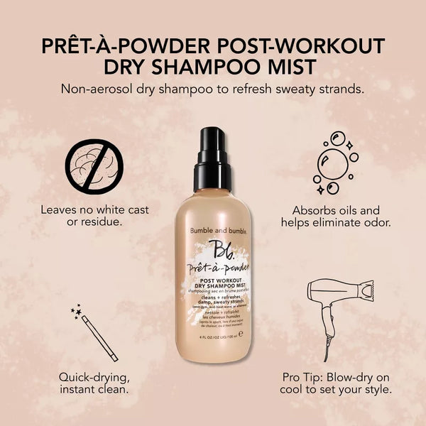 Bumble and bumble Pret-powder Post Workout Non-Aerosol Dry Shampoo Hair Mist | Cleanses Sweaty Hair + Eliminates Odor | Curly, Wavy, Straight, 4 oz.