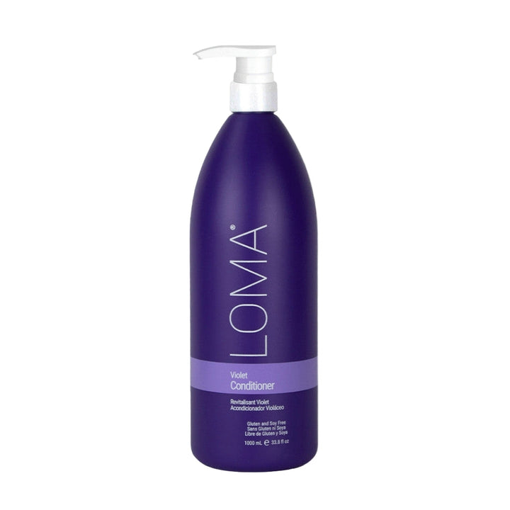 Purple bottle of LOMA Violet Conditioner with pump on a white background