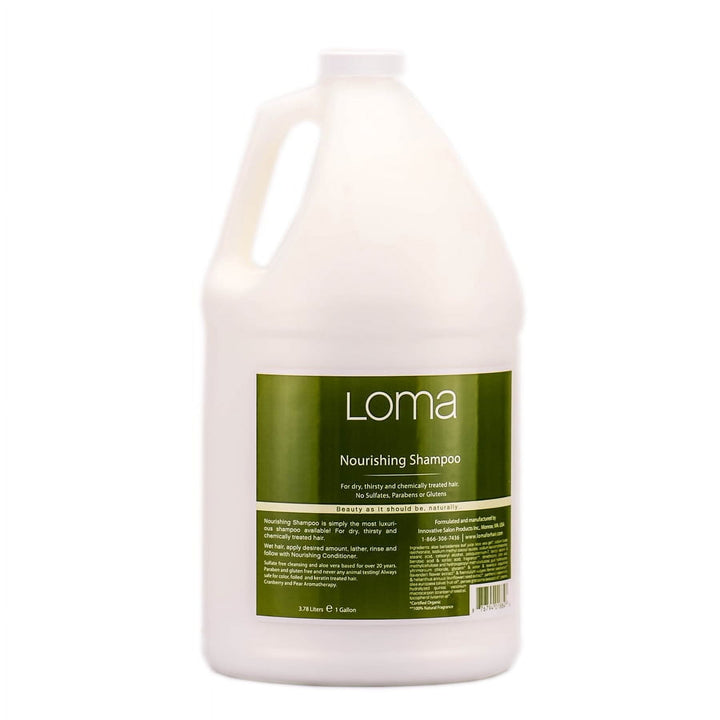 A large white plastic bottle of Loma Nourishing Shampoo with a green label.