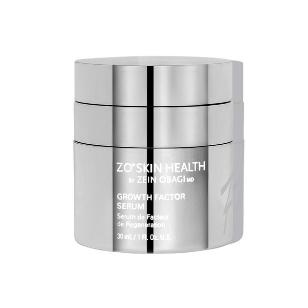 Silver jar of ZO Skin Health Growth Factor Serum on a white background