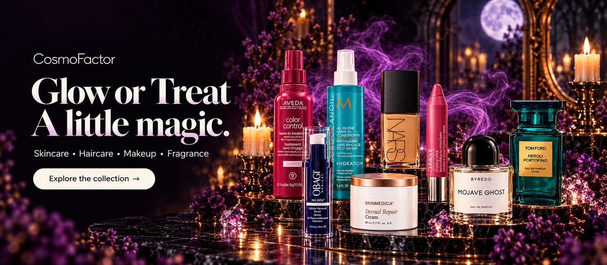 CosmoFactor Glow or Treat: skincare, haircare, makeup and fragrance products in a purple candlelit setting — desktop homepage banner