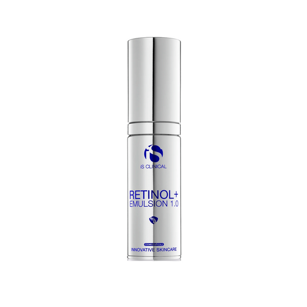 Skincare bottle labeled 'Retinol+ Emulsion 1.0' on a white background