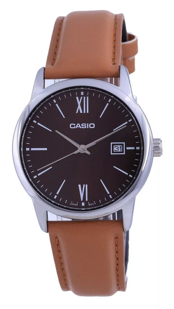 Casio Men's Leather Strap Stainless Steel Wristwatch, Water Resistant