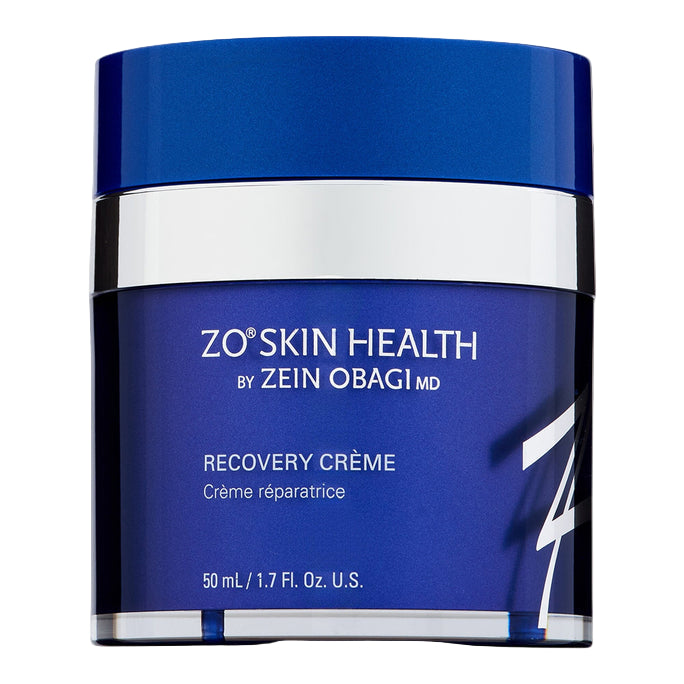 Blue jar of ZO Skin Health Recovery Crème on a white background