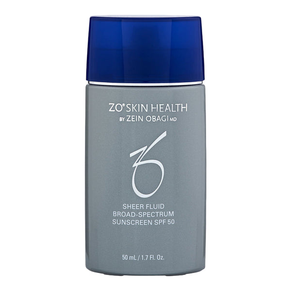 ZO Skin Health sheer fluid bottle with blue cap on a white background