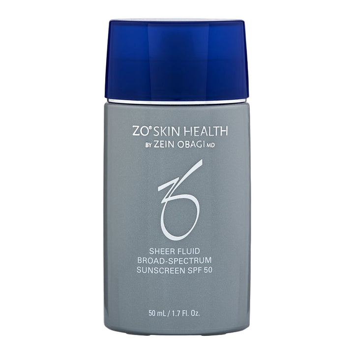 ZO Skin Health sheer fluid bottle with blue cap on a white background